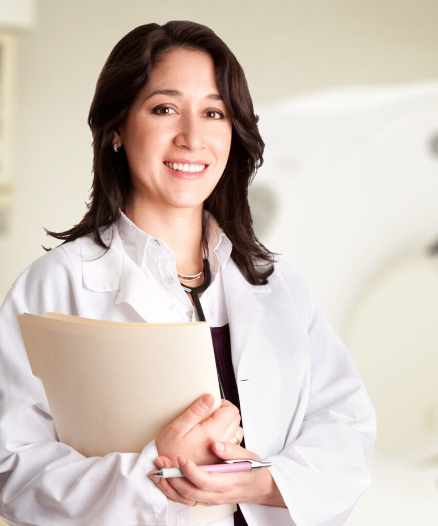 female doctor radiologist at ct cat scan with chart